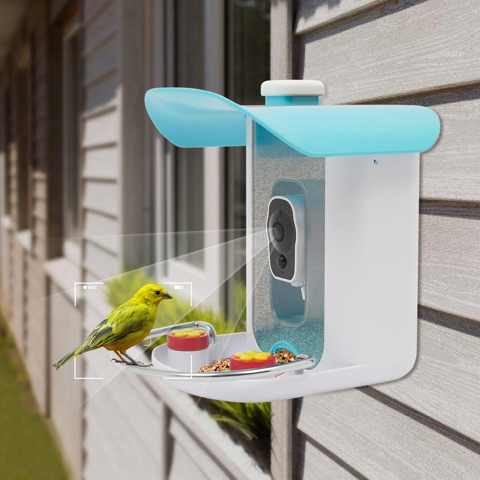 Blue&White Modern Smart Bird Feeder - 1080P 2MP Camera,150° Wide Angle,AI Bird Recognition (11000+ Species),Solar/USB Powered,IP65 Waterproof,2.5L Capacity for Outdoor Bird Watching