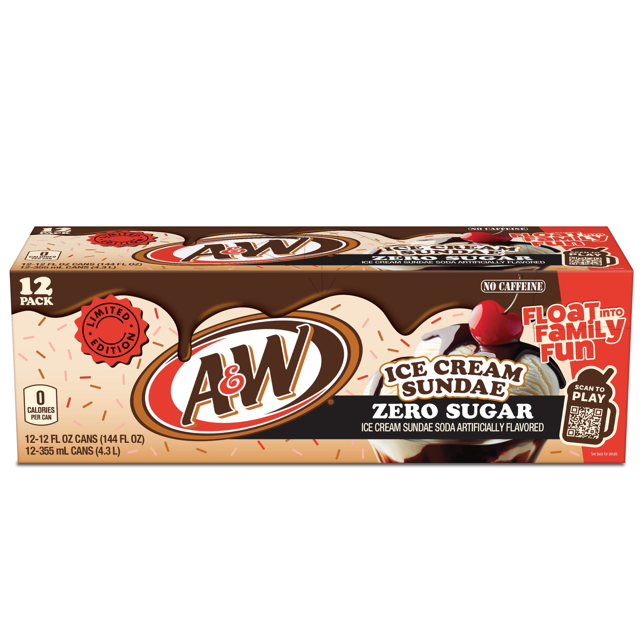 A&W Ice Cream Sundae Zero Sugar Soda Pop, 12 fl oz, 12 Pack Cans