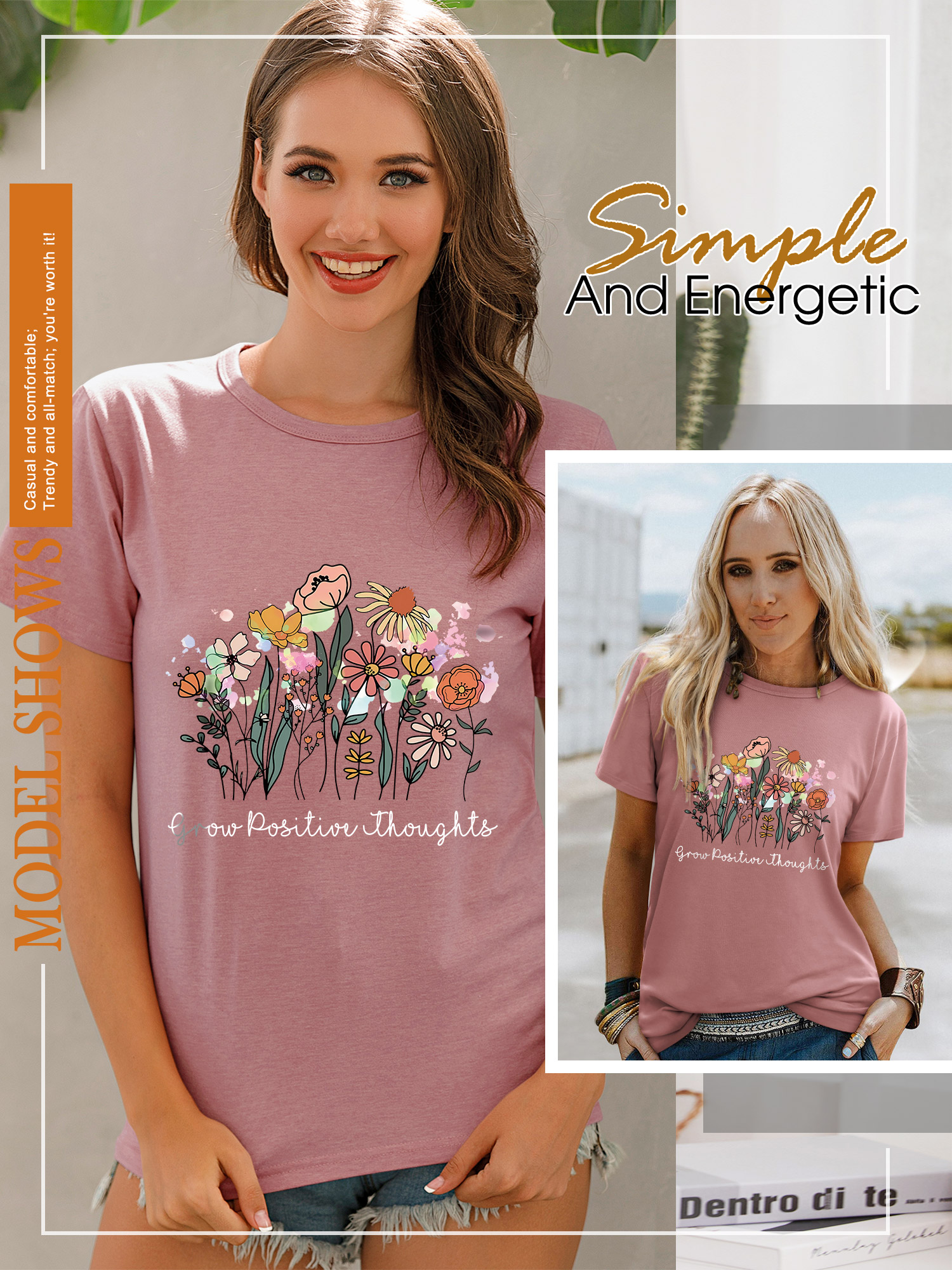 ZXSXSY Women's Graphic Tees Positive Thoughts Floral Letter Print