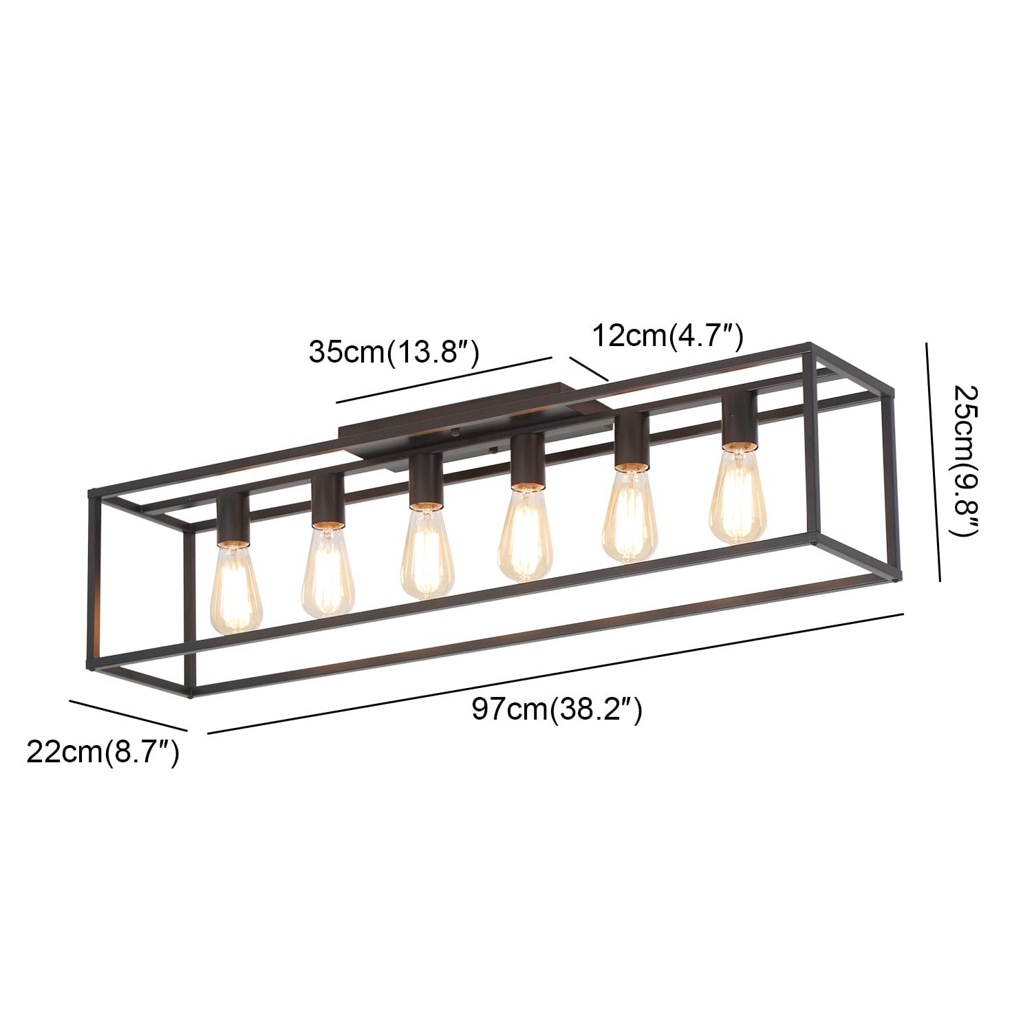 38" 6-Light Farmhouse Black Rectangle Cage Close to Ceiling Light for Living Dining Room