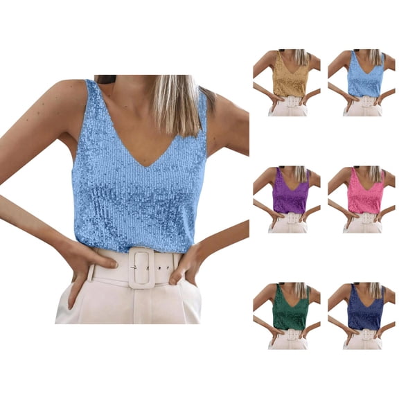 Sparkly Sequin Tank Tops for Women Shiny Sequins V Neck Sleeveless Dressy Blouse Glitter Party Club Outfits