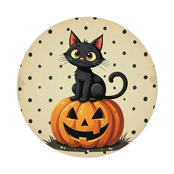 Vintage Wall Decor Black Cat Halloween Wall Plaque Sign Round Metal Tin Sign Round Welcome Door Hanging, Suitable for Home Garden Kitchen Bar Cafe Restaurant Garage Wall Decor 8x8 Inch