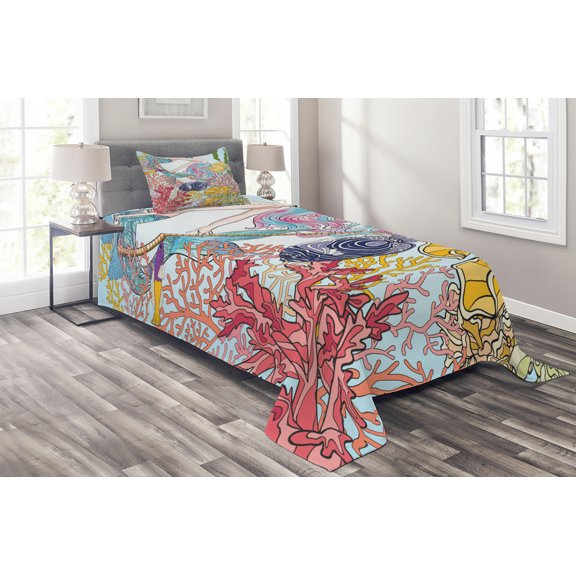 Ambesonne Mermaid Quilted Coverlet 2 Pcs, Sketchy Sea Coral Reefs, Twin Size, Multicolor