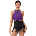 thumbnail image 1 of iiniim Justaucorps Latin à Franges Dos Nu Contraste Couleur Salsa Costume Violet TG, 1 of 5