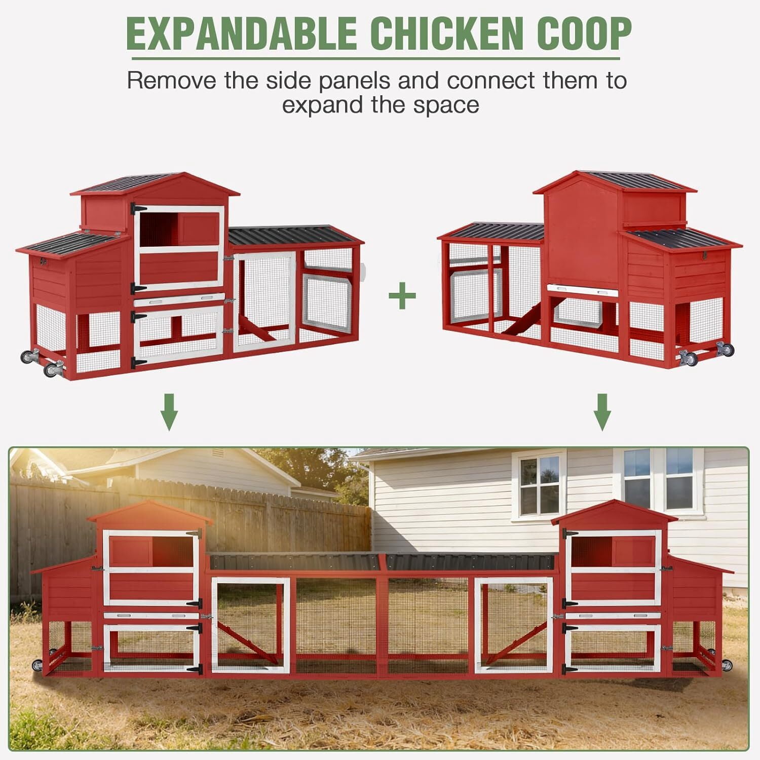 Aivituvin Mobile Chicken Coop with Wheels for 4-6 Chickens, Large Outdoor Hen House with Run, Weatherproof Roof, Sectionable Nesting Box, Pull-Out Tray, 83.3" L x 26" W x 42" H - Red