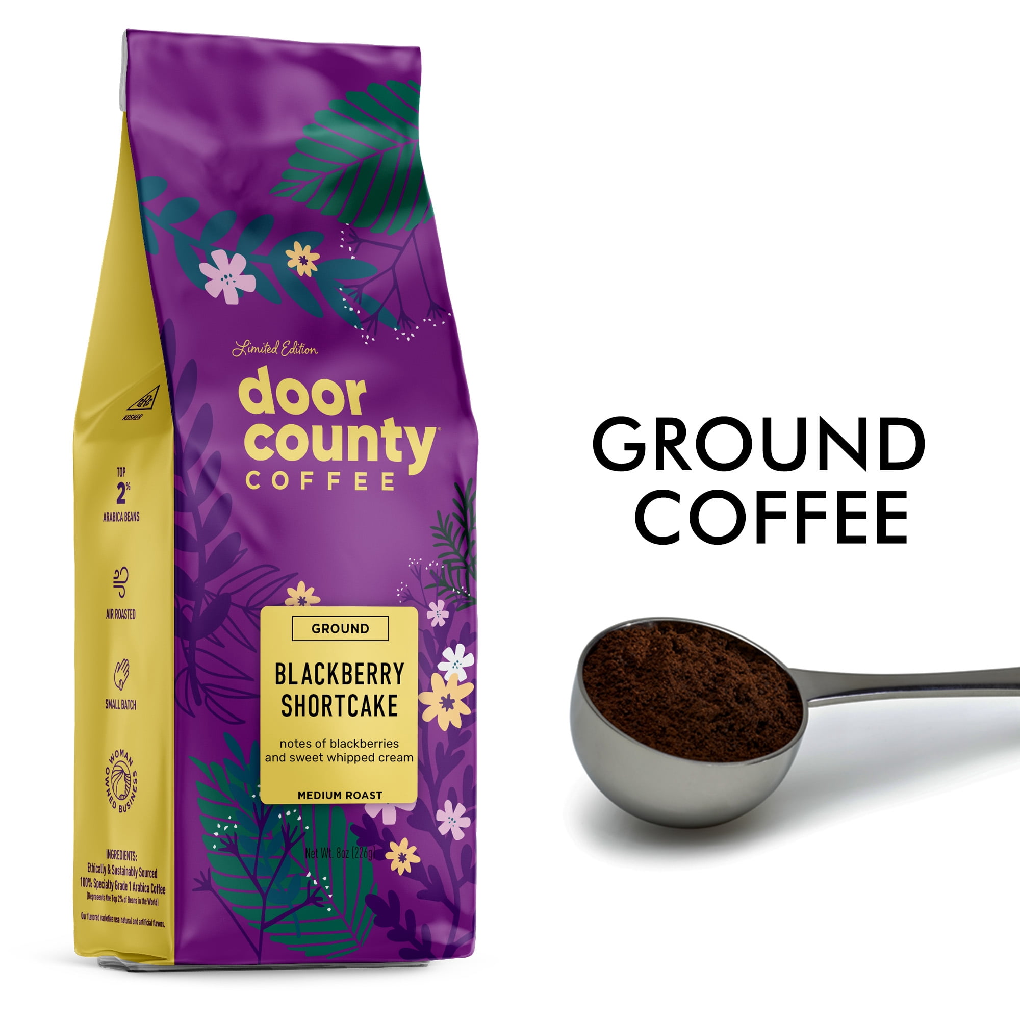 Door County Coffee Blackberry Shortcake Flavored Specialty Arabica Coffee, Medium Roast, Ground, 8oz Bag (Spring & Summer Limited Edition)