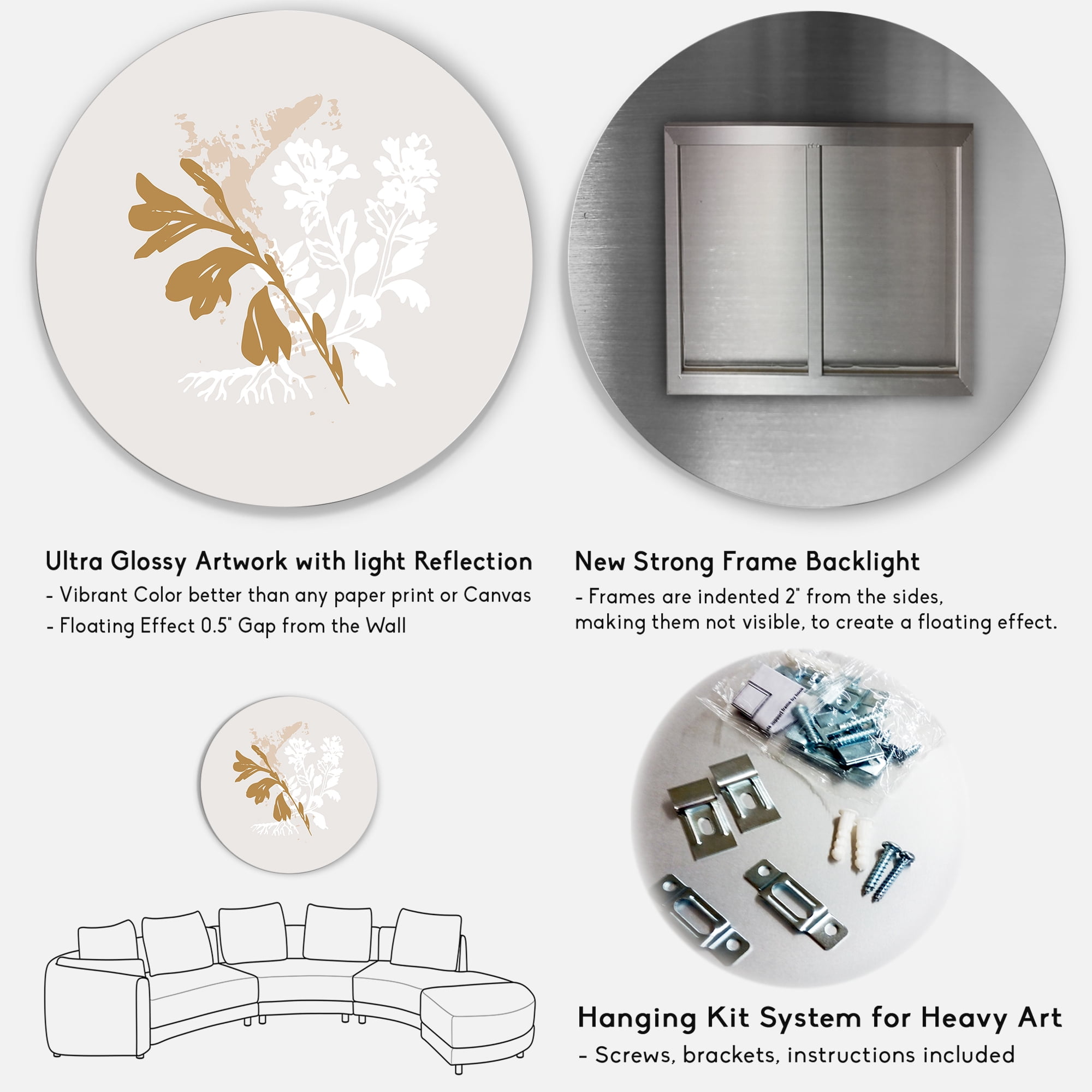Designart 'Minimal Botanical Design In White and Brown' Traditional Circle Metal Wall Art 23x23 - Disc of 23