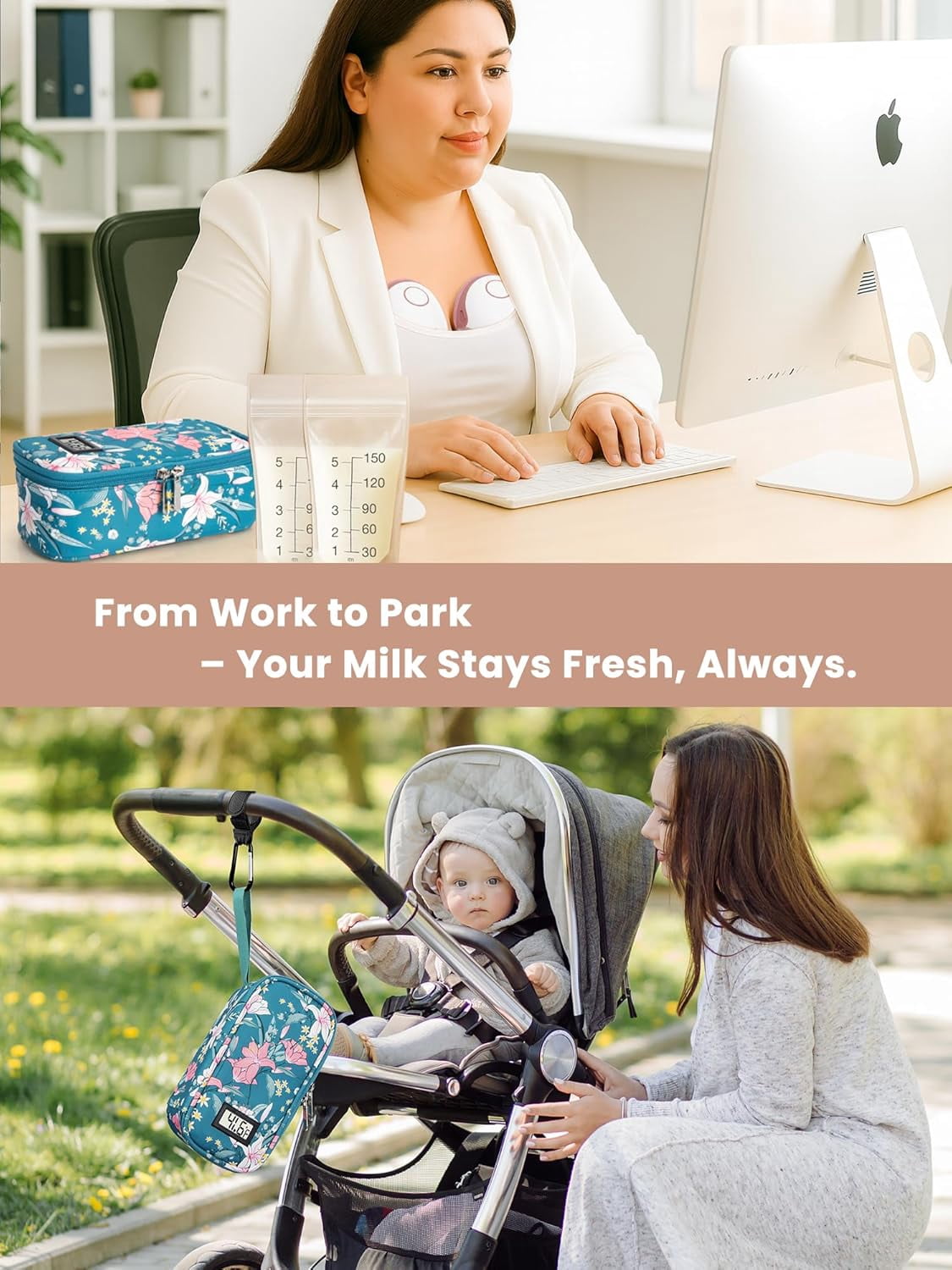 SUNMON Breast Milk Cooler Travel Bag, Real-Time Temperature Display, Holds 4-6 Breastmilk Storage Bag with 2 Breast Milk Ice Pack, Cooling & Waterproof Portable Cooler for Moms on The Go(Lily)
