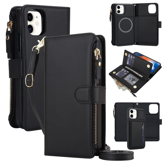 Dteck Magnetic Zipper Wallet Flip Case for Apple iPhone 11 with Crossbody Shoulder Strap, Shockproof Multi-Function Detachable 2-in1 RFID Blocking Card Slot and Cash Slot Cover, Black