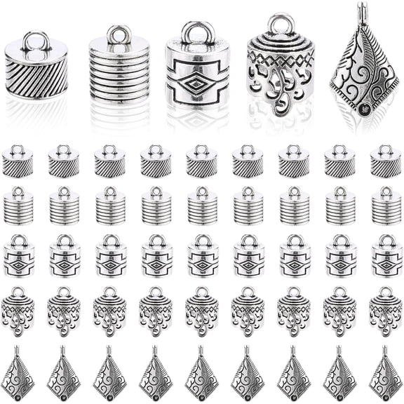 PH 50pcs Tibetan Style Cord Ends 5 Styles 9~15mm Inner Diameter Large Size Glue-in Cord Terminators Barrel End Tip Silver Cord Caps with Loop Ring for Jewelry Tassel Keychain Bag Pendant colorful