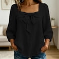 thumbnail image 4 of Neewe Womens Plain Square 3/4 Sleeve Tie Shirts Cotton Tops Casual Loose Fit Blouses Daily Outfits, 4 of 7