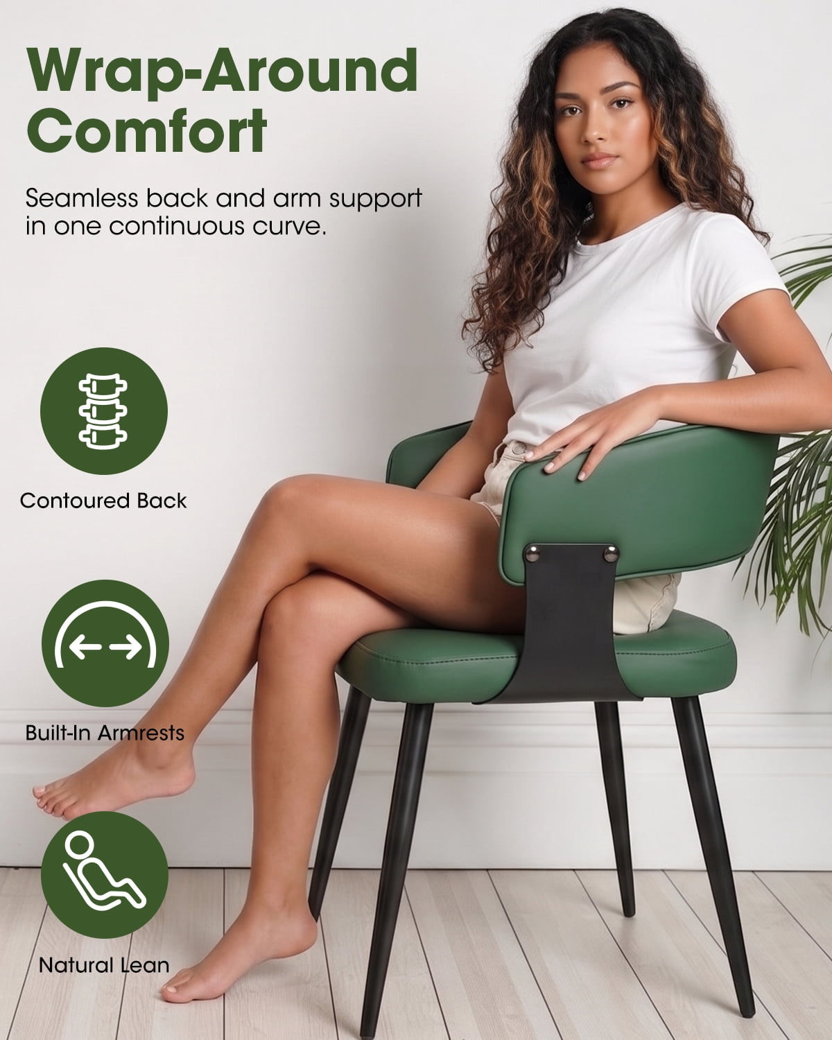 Dining Chairs Set of 4, Upholstered Faux Leather Dining Room Chair with Curved Open Back for Kitchen Living Room, Green