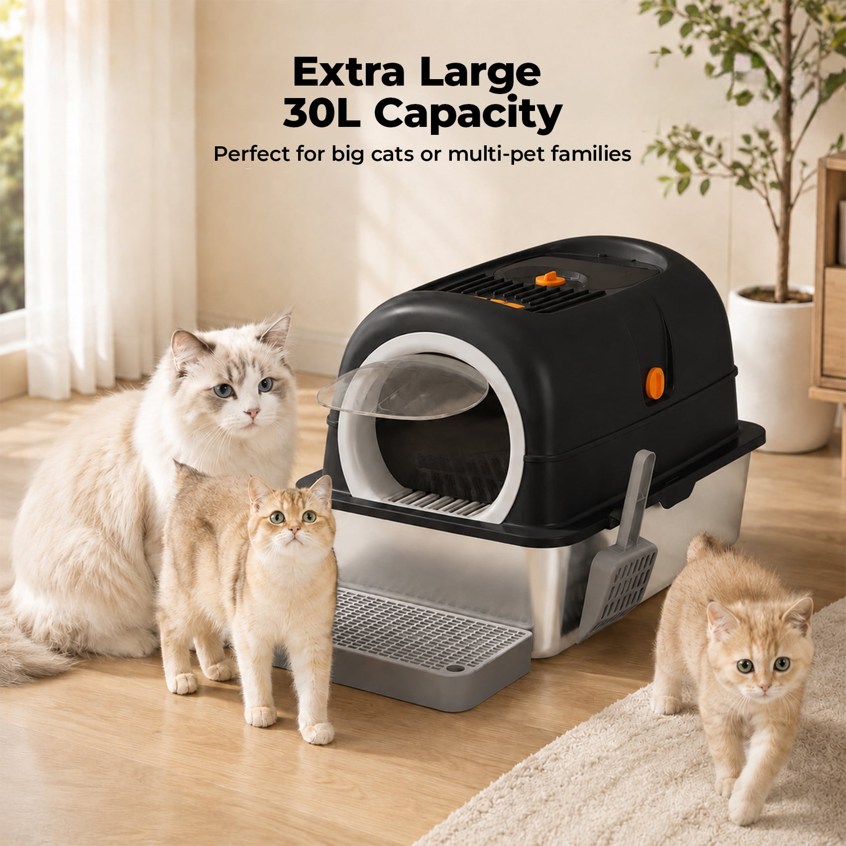 Alvantor Double-Entry Convertible Lid Cat Litter Box, 3-in-1 Stainless Steel Cat Litter Box, 23.62"x15.75"x15.75", Multicolor