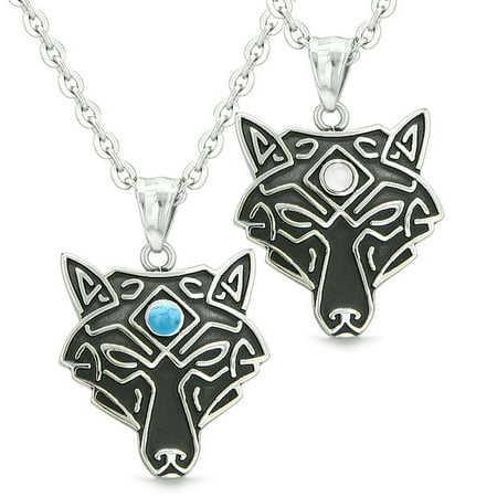 Celtic Wolf Third Eye Love Couple or Best Friends White Simulated Cats Eye Simulated Turquoise