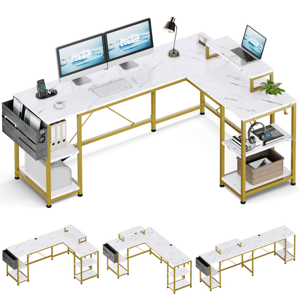 Lulive 95″ L-Shaped Computer Desk with 4 Shelves, Monitor Stand