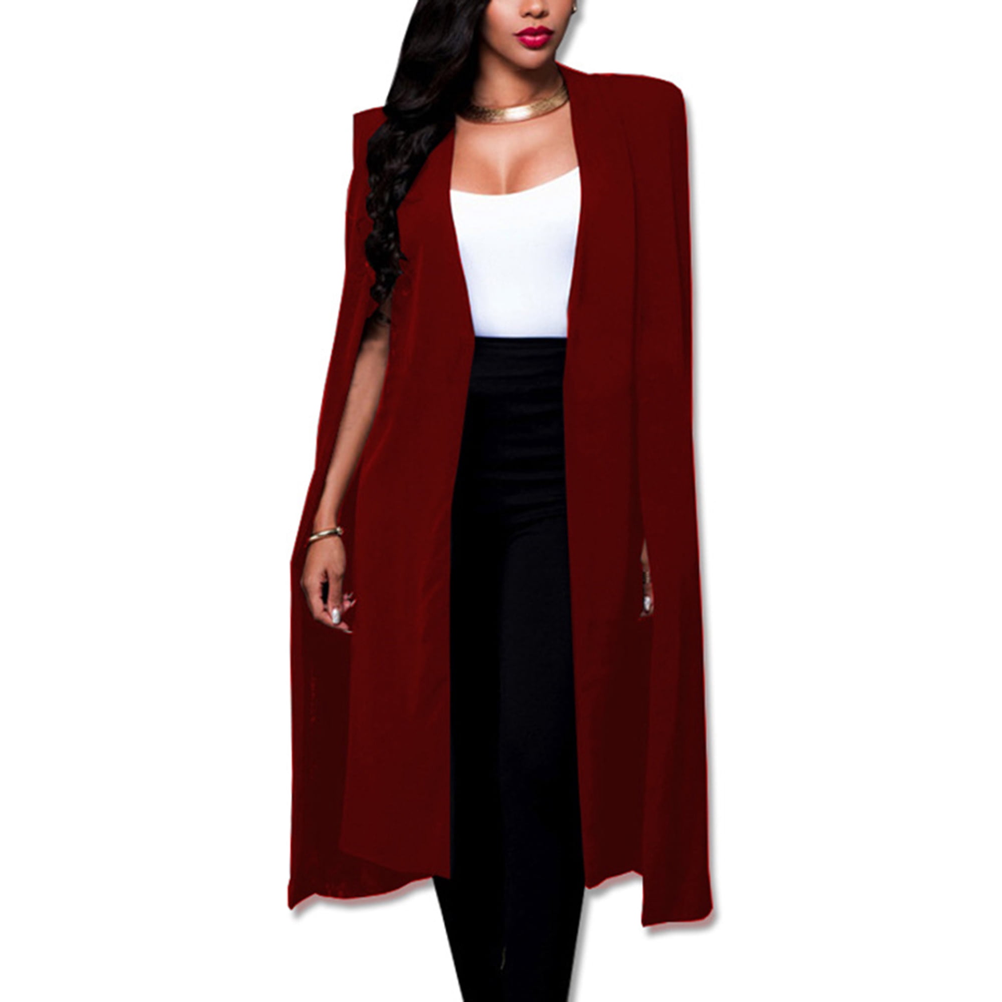 LUXUR Ladies Cape Coat Open Front Blazer Solid Color Cloak Capes Plain Blazers Long Sleeve Outwear Wine Red 3XL Walmart