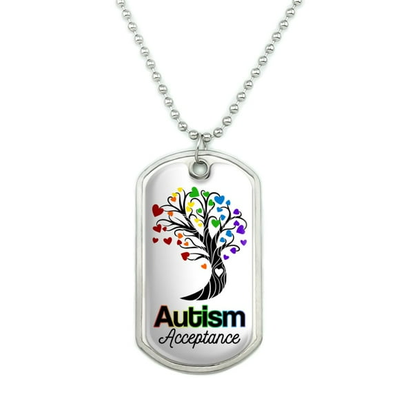 Autism Acceptance Tree of Life with Hearts Military Dog Tag Pendant Necklace with Chain