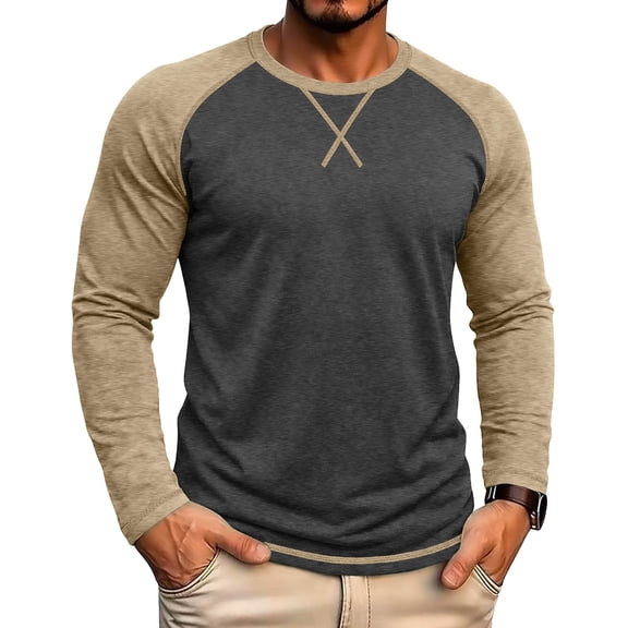 WRKEKC Mens Long Sleeve Tee Shirts Two Tone Raglan Crew Neck Long Sleeve Soft Knit Curved Hem Daily Casual Pullover Tops