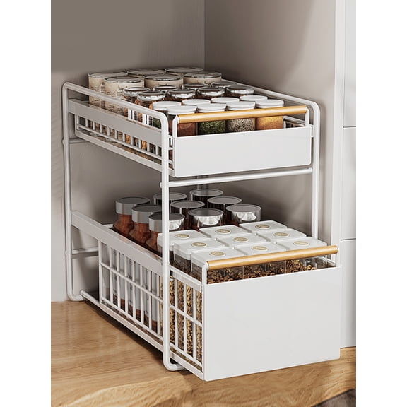 Qiyester 2 Tier Sink Organizer Racks Pull-Out Sliding Storage Shelf Cabinet with Hooks for Kitchen Bathroom