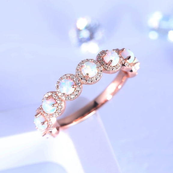 Opal Ring Diamond Engagement Ring Unique Antique 3/4 Eternity Stacking