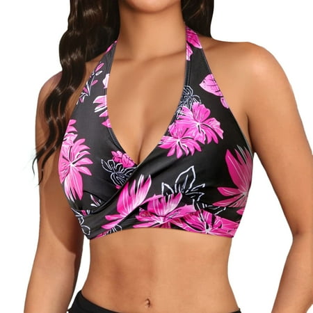 HABDGIKS Women Bikini Top Summer 2025 Push Up Bandeau Print Bathing Suit V Neck Full Coverage Swimwear
