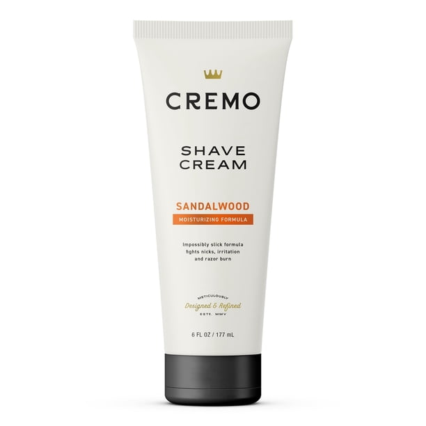 Cremo Crema de afeitar de sándalo de grado barbero Crema de afeitar increíblemente superior ultra resbaladiza para hombres que combate cortes y quemaduras de afeitar, 6 onzas líquidas