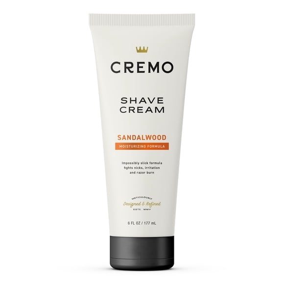 Cremo Crema de afeitar de sándalo de grado barbero Crema de afeitar increíblemente superior ultra resbaladiza para hombres que combate cortes y quemaduras de afeitar, 6 onzas líquidas