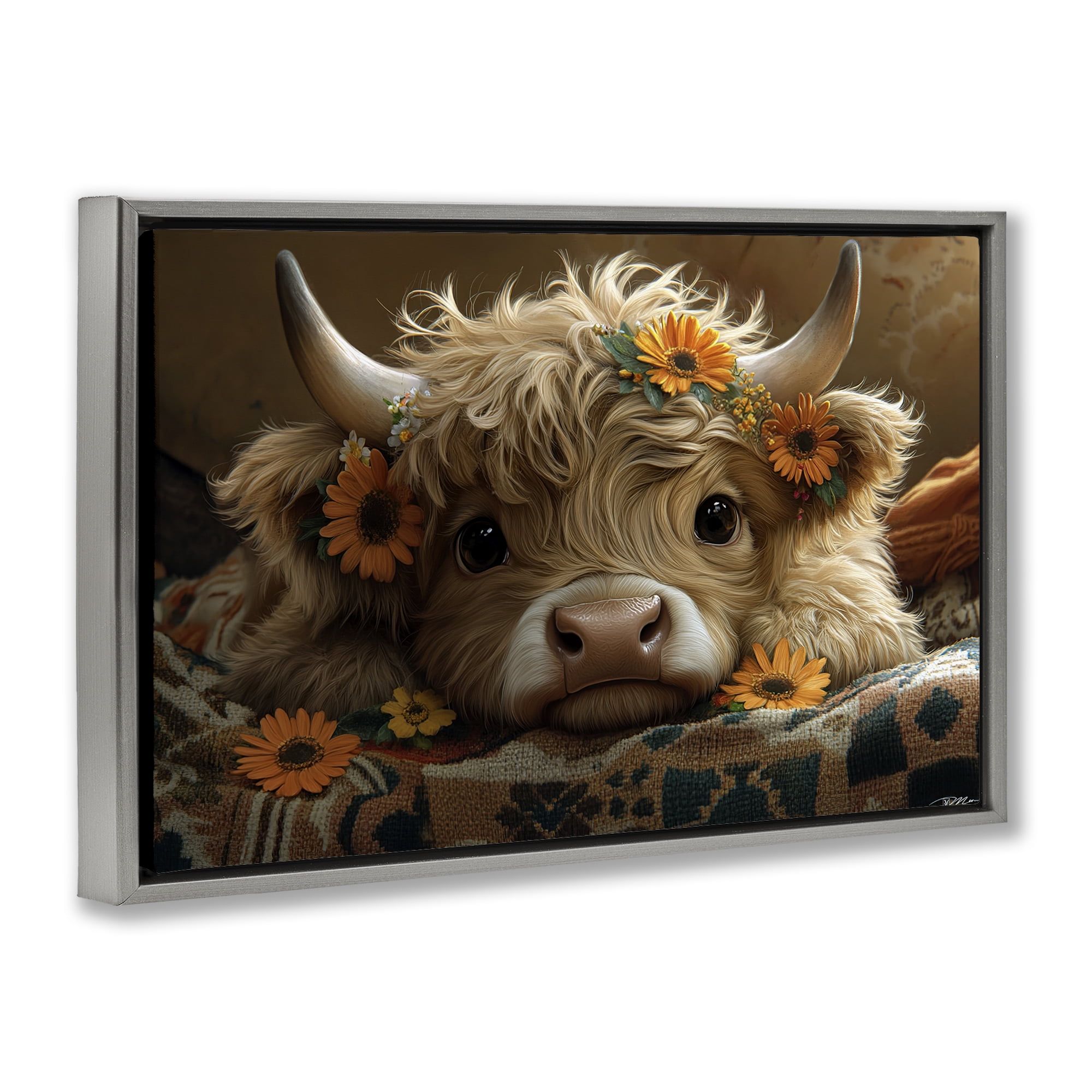 Adorable Flower Bedecked Cattle Gray Framed Floater Canvas Wall Art, design by Momart