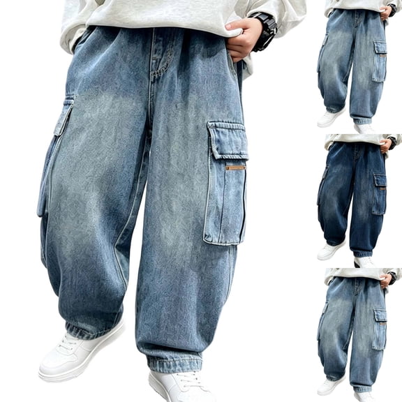 Sentuca Boys Baggy Jeans Straight Wide Leg Denim Cargo Pants with Pockets Casual Elastic Waist Loose Y2k Fashion Streetwear Tween Trousers Size 11-12Y