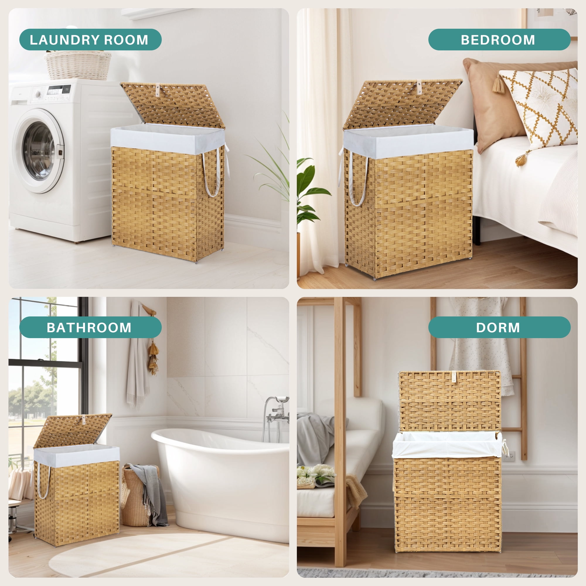 110L Foldable Laundry Hamper with Lid and Removable Liner, Wicker Basket for Bedroom & Bathroom, Yellow