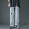 thumbnail image 4 of Jeans For Men Trend Handsome Loose Dragging Hole Floor Length Straight Wide Leg Denim Trousers Comfortable Casual Mens Pants Light Blue XXL, 4 of 4