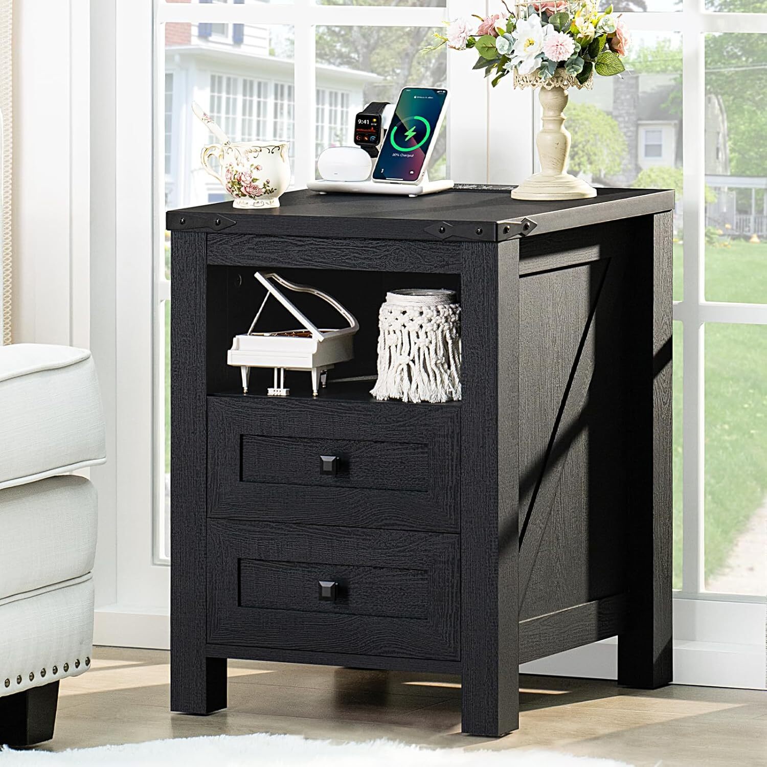 Joaxswe Nightstand with Charging Station Set of 2, 18"Wide Bedside Table with 2 Drawers & Open Shelf, Wood End Table with Storage & Metal Handle for Bedroom, Black