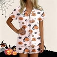 thumbnail image 2 of JIAYUE Women's Two Piece Pajama Set Soft Breathable Loungewear With Halloween Cute Print Notch Collar Button Short Sleeve Tops With Elastic Shorts Cozy Sleepwear Indoor Rest, 2 of 7