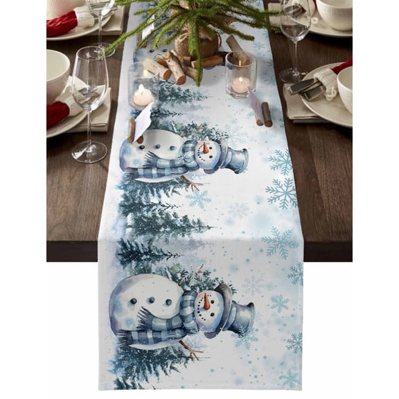 Christmas Snowman Cotton Linen Table Runner for Dining Kitchen, Blue Snowflake Xmas Tree Wedding Outdoor Party Tablerunners Decoration, Dresser Scarf Coffee Tablecloth Runners 13x70 Inches