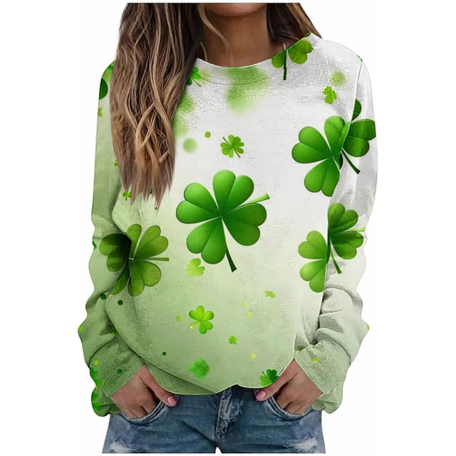 Diufon Chandails en Molleton à Col Rond pour Femmes pour la Saint-Patrick Décontracté Basique Trèfle Manches Longues
