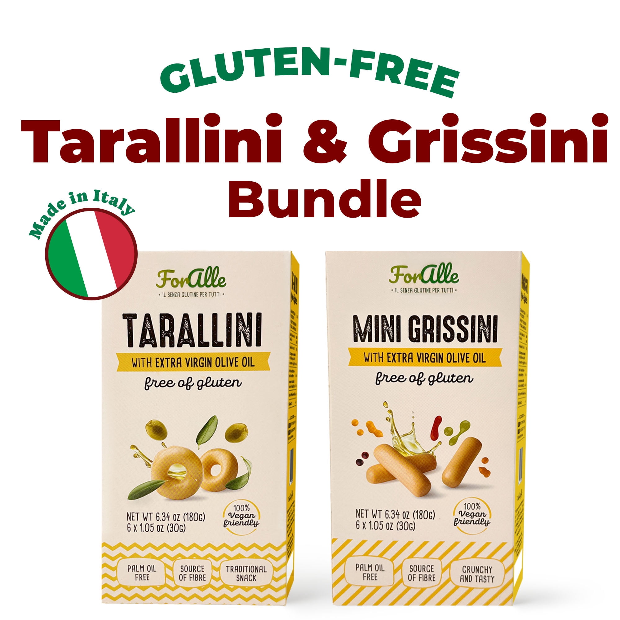 For Alle Gluten-Free Tarallini and Mini Grissini Bundle, Set of 2 – Traditional Italian Pugliese Snack with Extra Virgin Olive Oil. Oven-Baked. Vegan. Cholesterol-Free