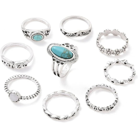 9Pcs Gothic Alloy Rings Set Dark Turquoise Turquoise 16-18mm Vintage Finger Rings for Women Daily Wear Colorful