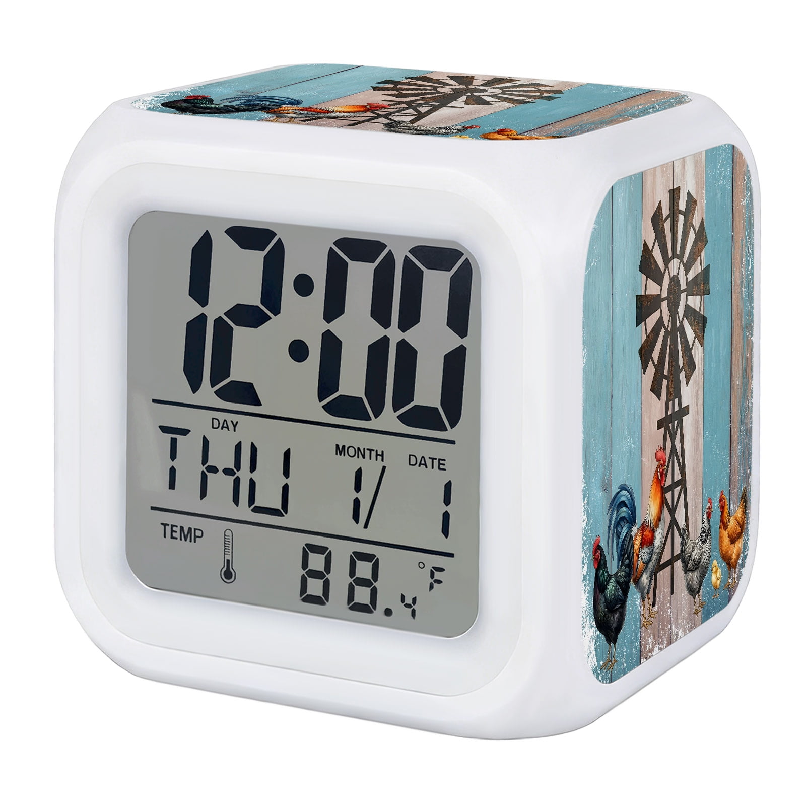 Farmhouse Rooster Digital Alarm Clock for Bedrooms, Smart LED Alarm Clock with 7 Color Changing
