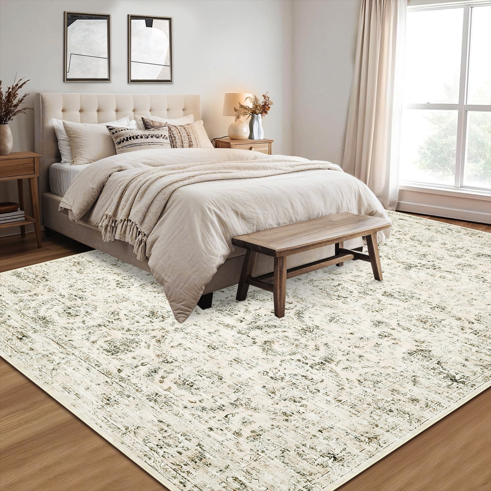 HOMERRY Washable Area Rug 5' x 7' Throw Rug for Living Room Vintage Floral Indoor Floor Cover, Beige