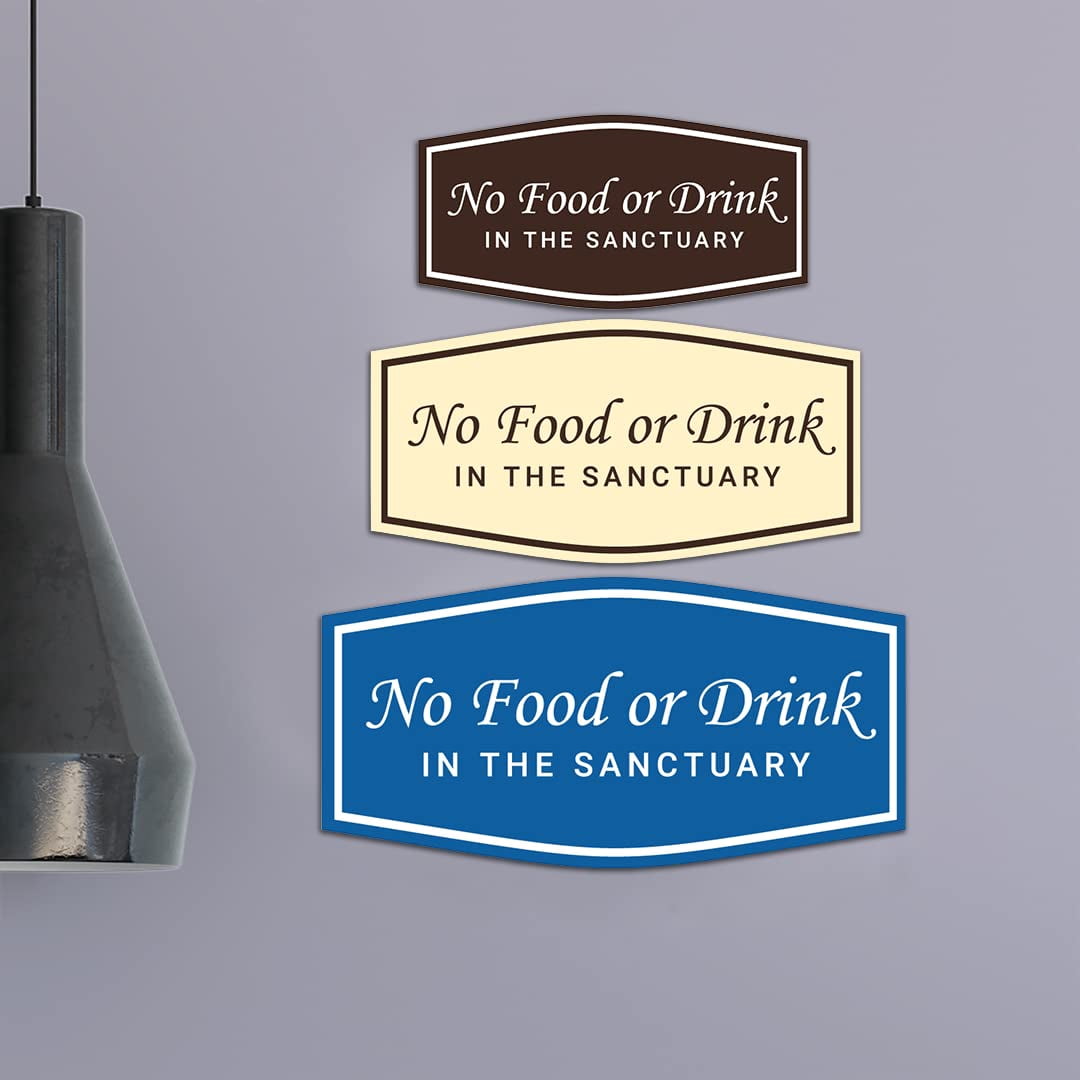Sanctuary No Or Drink Sign, Medium 5 Pack with Double Sided Tape for Business, Blue