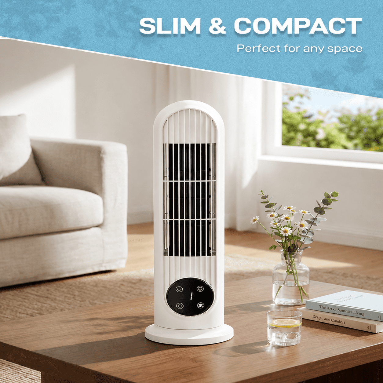 Alvantor 16-Inch Mini Tower Fan, Floor or Wall Mount, Touch Control, Remote, 3 Speeds, Oscillation, 9-Hour Timer, White