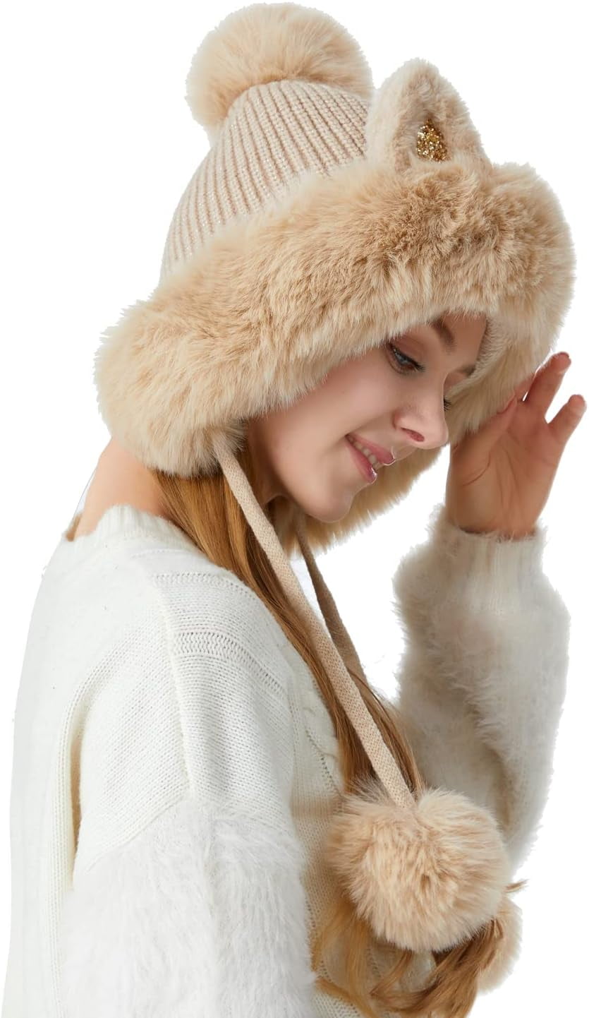 Women Winter Cover Ears Beanie Hat Ear Flaps Ski Snow Hats Knit Fleece Lined 3 Pom Pom
