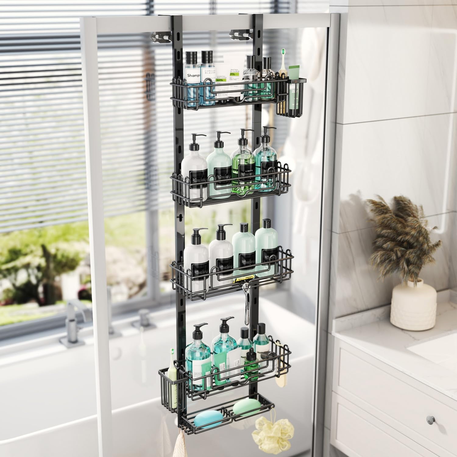 5 Tier Over the Door Shower Caddy, Hanging Shower Caddy with 28 Hooks and 2 Toothbrush Holders, No Drilling Adjustable Hanging Bathroom Organizer - Black
