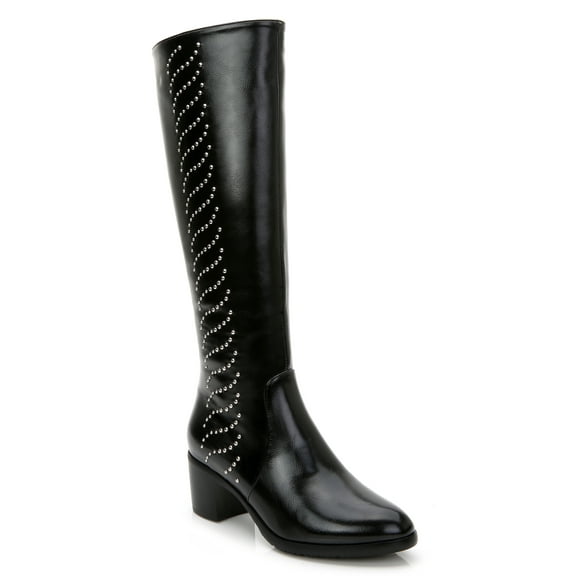 Ferwind Women's Tall Boots Studded Pattern Chunky Heels Adult Black  8