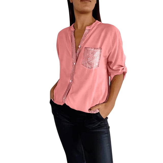 Birdeem Hauts pour Femmes Manches Longues Mode Blouses à Sequins avec Poches et Boutons Col Montant Manches Longues
