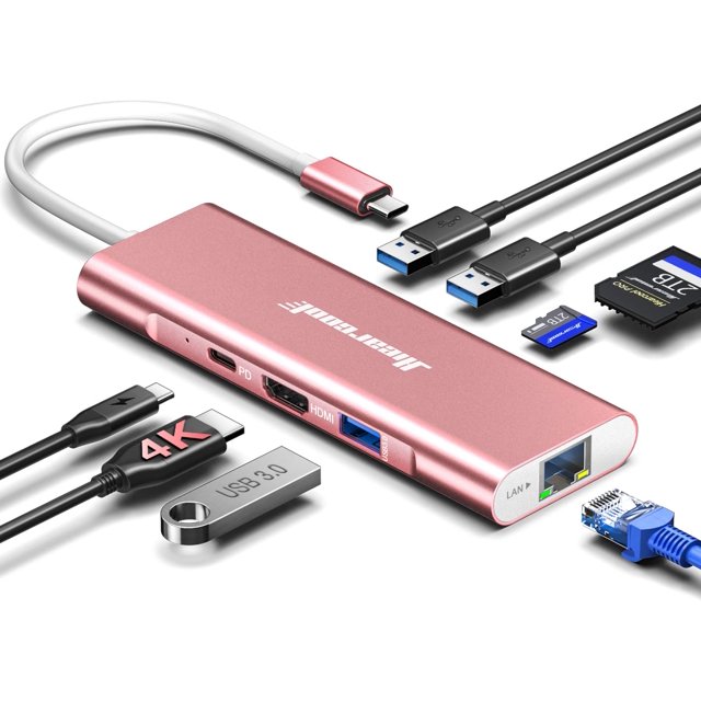 Adaptador multipuerto USB C Hub Ethernet 8 en 1 Hiearcool Rose