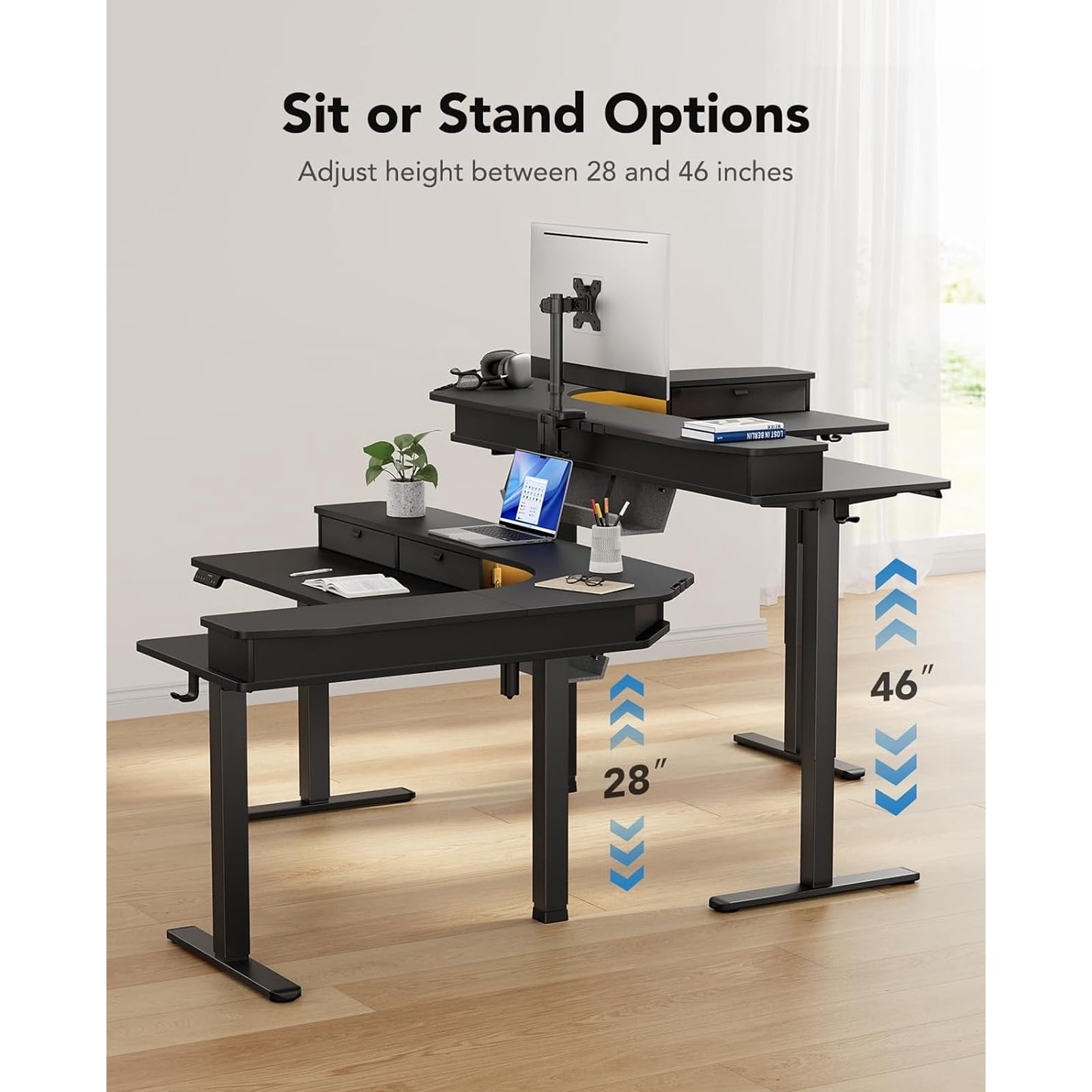 Kyspho 65″ Electric Standing Desk with LED Strip & Power Outlets, L-Shaped Corner Desk with 3 Drawers, Adjustable Height Computer Desk, Black