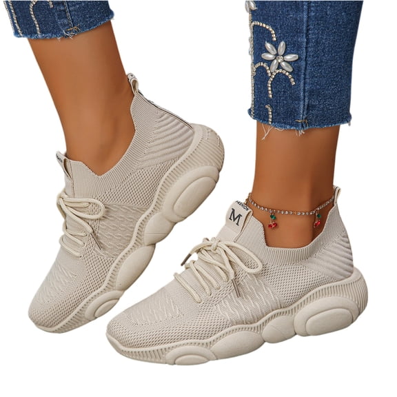 longantii Women's Walking Shoes Arch Support Breathable Knit Non-Slip Work Shoes Lightweight Casual Jogging Sneakers Slip-on Footwear Beige