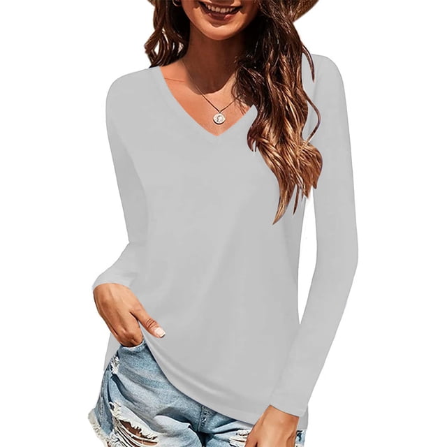 Innerwin Tee Long Sleeve Ladies T Shirt Fall Solid Color Casual T-shirt Grey M