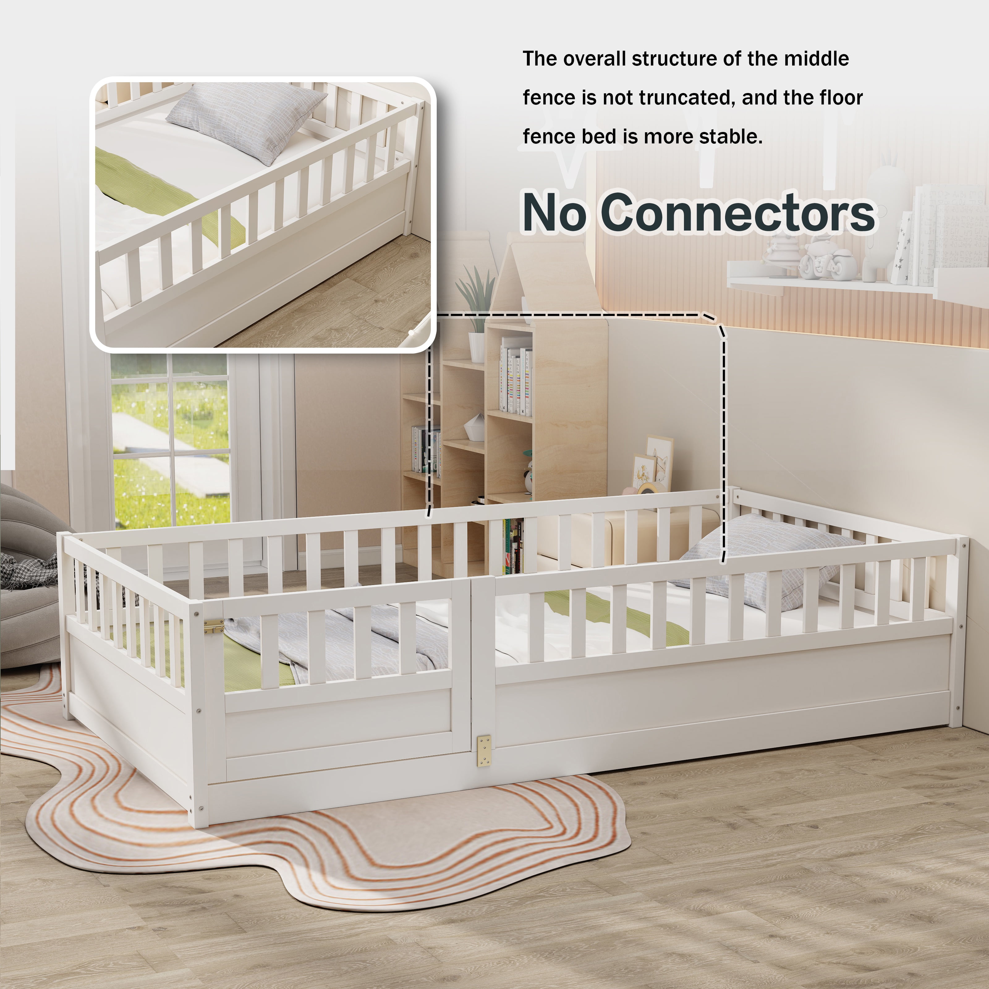 Bellemave Twin Size Floor Bed with Door and High Fence Guardrails Floor Bed with Bed Slats Wooden Floor Bed Montessori Bed Frame (Twin, White, With Slats)